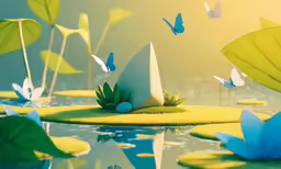 a pond filled with green grass surrounded by blue butterflies