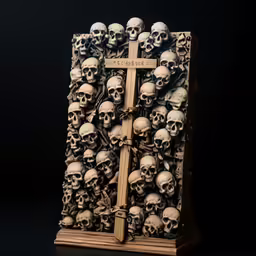 a bunch of skulls gathered around the cross