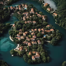 an aerial shot of a town next to some water