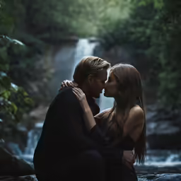 a couple sitting on rocks looking at each other, and kissing