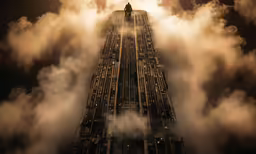 a tall building with several windows surrounded by clouds