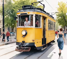a woman is riding on the top of an old cable car,two women walking beside the woman sitting in the train