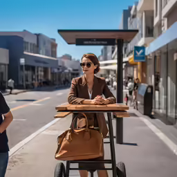 a woman standing next to a luggage cart