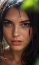 a beautiful woman with dark brown hair wearing blue eyes
