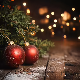 a christmas ornament next to a christmas tree with small lights in the background