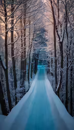 a narrow path near many snowy trees in the winter