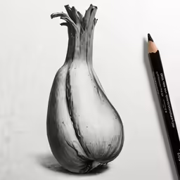 a pencil drawing of two onions with their head tilted down