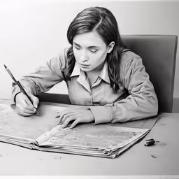 a young woman sitting at her desk working on a book and holding a pen