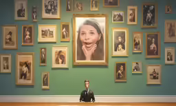 a man standing by a bunch of pictures in front of it