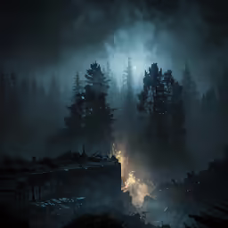 some very dark trees and some dark sky