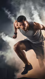 a male athlete dressed in a gray tank top and grey shorts with black running shoes