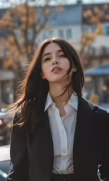 a woman wearing a black suit is walking down a sidewalk