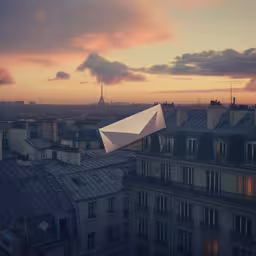 a paper boat floating in the air over rooftops,a paper kite flying above buildings and other skyscrapers