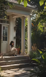 a person is sitting outside by some stairs and steps