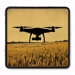 an image of a large, flying airplane over crops in a wheat field