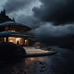 the house is sitting on the shore under dark clouds