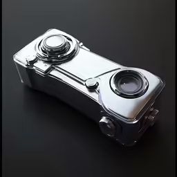 a close up of an old fashioned camera on black