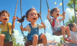 three children sit on swings in the middle of a park
