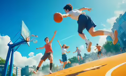 group of people playing basketball on an animated court