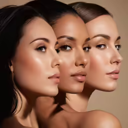 three beautiful young women face to face with a brown background