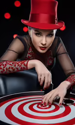 a woman in a red hat is leaning on a target
