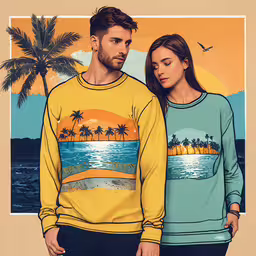 man and woman in graphic sweatshirts standing against an orange sunset,a man and woman wearing matching sweatshirts on the beach