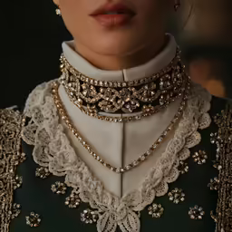 woman wearing elaborate necklaces in dress and earrings