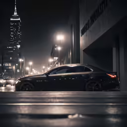car parked at night in front of an office building