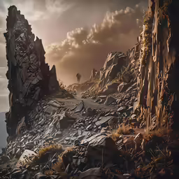 a man walks between two rocky outcrops