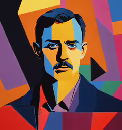 a painting of a man with a mustache and colorful squares in the background,a man is standing in front of a colorful painting