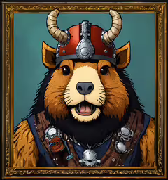 a painting of a bear wearing a helmet and armor,a digital image of a bear with horns and armor