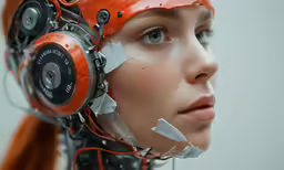 a woman with headphones and a piece of paper taped to her face