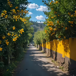 trees on both sides of the road that have yellow flowers in them