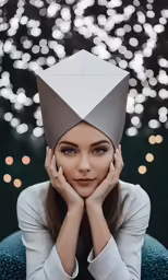 a beautiful woman with a paper hat on her head