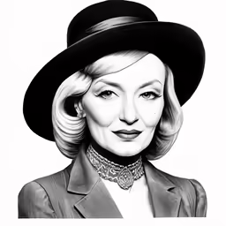 a black and white drawing of a woman wearing a hat