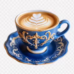 a blue cup and saucer with a gold and white pattern