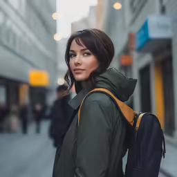 a woman is standing outside near a store wearing a backpack