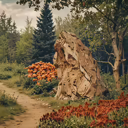 a tree stump in the middle of a garden