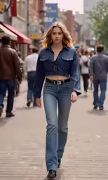 woman in jeans and a crop top walking down the street