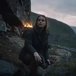 a person on some rocks with a fire in the background