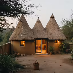 a brown hut with two large thatched roof and some windows