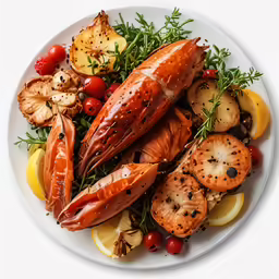 there is a lobster on the plate with potatoes, tomatoes and lemon slices