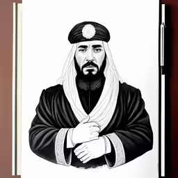 a drawing of a man in traditional attire
