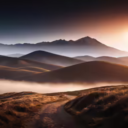 the view down a trail as the sun is setting
