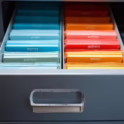 some colored folders that are sitting on a filing drawer