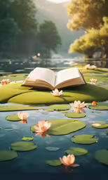 book sitting on the side of a river filled with water lillies