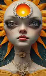 an image of a girl with sunflowers and an orange flower