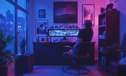 person in office alone at night looking through window