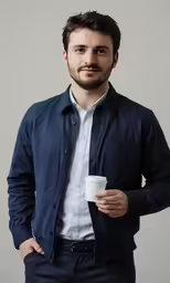 a man in a jacket holding a white cup