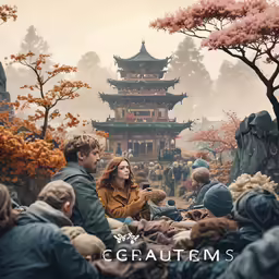 people in an oriental setting watch the movie creatures